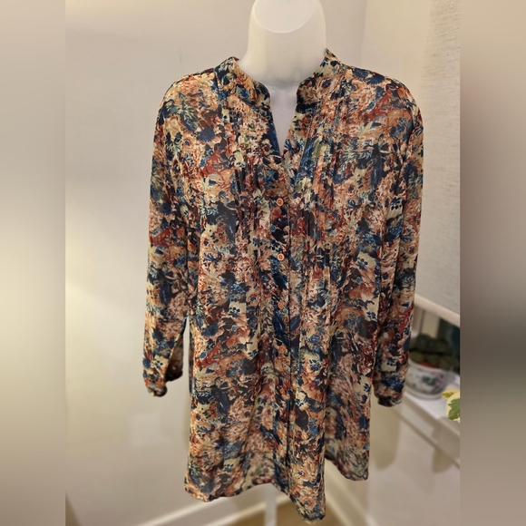 Multicolor Sheer Boho Floral Tunic Top Office Whimsy V-Neck Topper L - Picture 2 of 3